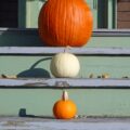 two pumpkins sitting on the steps of a house